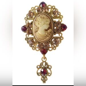 Vintage Cameo Brooch with Red and Gold Accents